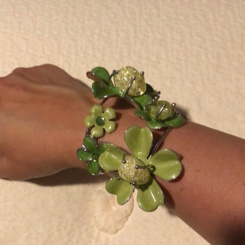 Silver bracelet with green flowers, resin centers. Statement piece!